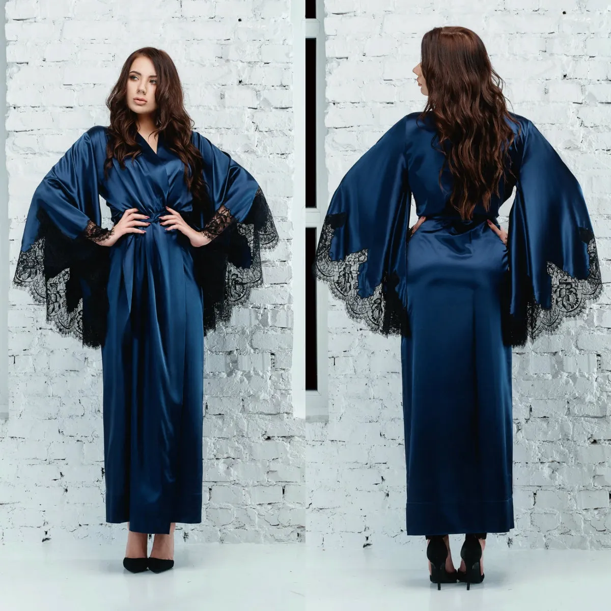 Navy Blue V Neck Wedding BathRobes Long Sleeve Lace Satin Silk