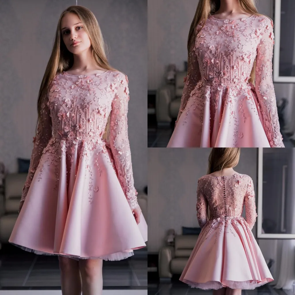 Modest New Arrival Evening Dresses Jewel Neck Long Sleeve Sequins Applique Ruched Formal Dresses Button Knee Length Party Gowns