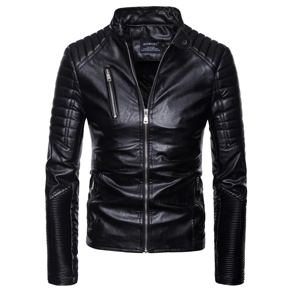 Mens Autumn Winter Casual Long Sleeve Solid Stand Motorcycle Leather Coat Top Asian Size S-2XL
