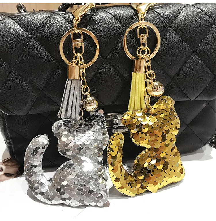 Glitter Cat Pendants Keychains Keyfobs Rings with Cute Shiny Sequins Cat Accessories Girls Bags Cars Charm Decoration Keychain gift