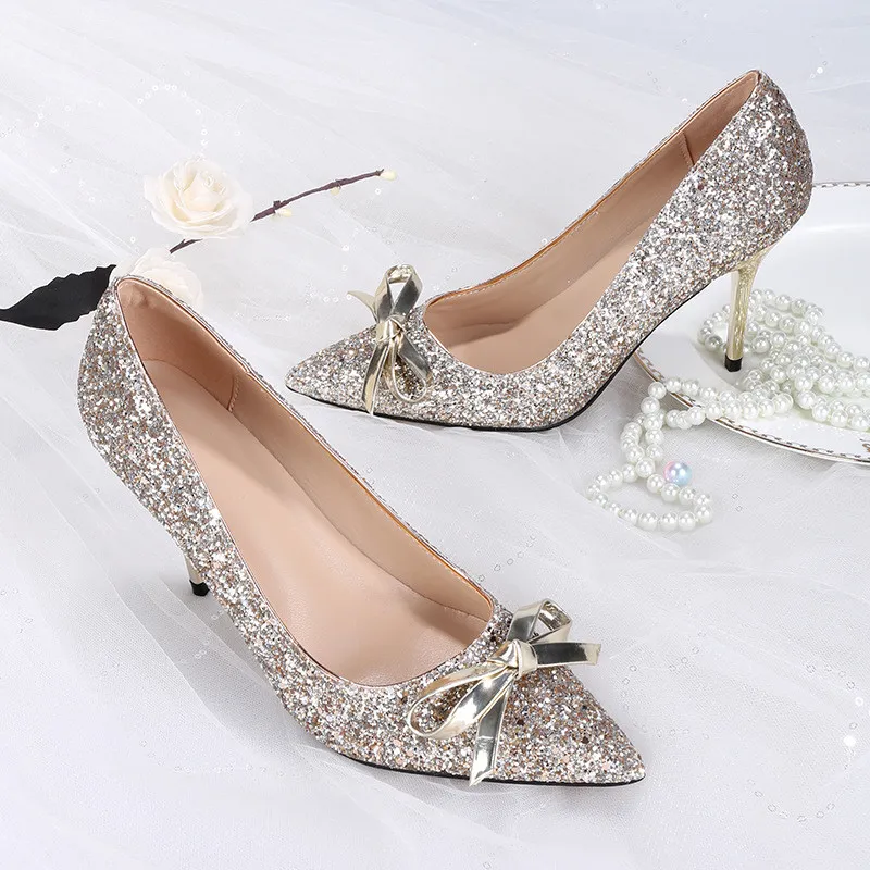 Kadın Yüksek Topuk Pullu Düğün Ayakkabı Yeni Gelin Ayakkabı Gümüş Prenses Düğün Ayakkabı Nedime Kristal Yüksek Topuklu