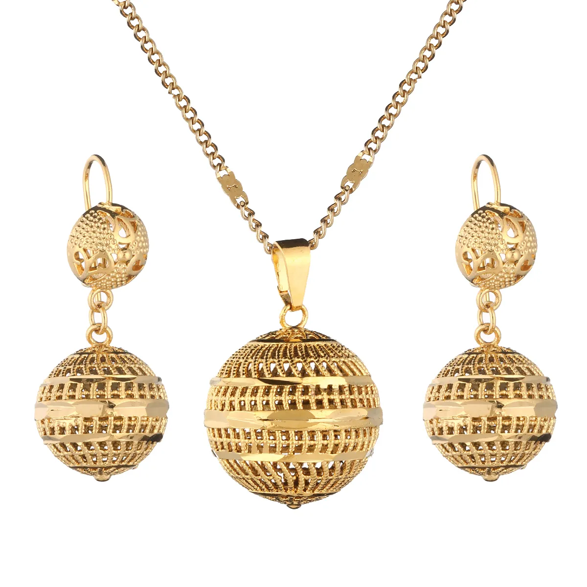 Joias Ouro Charm Jewelry Set Gold Hollow Round Beaded Pendant Set With