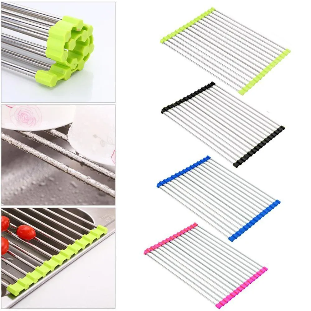 Stainless Steel Foldable Over Sink Roll Up Dish Drying Rack for Kitchen ...