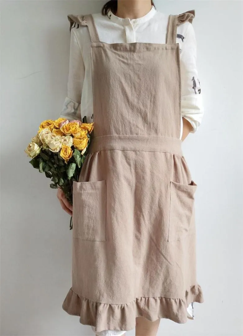 Tablier Long Femme à Volants - Coton Imperméable Avec Poches, 131x115 Cm