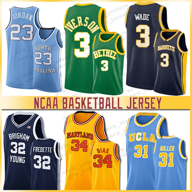 32ジマーフレデット3 Iverson 34 Len Bias Westbrook NCAA 23 Lebron Jersey Brigham Young Cougars 30カレー大学バスケットボールジャージミラー