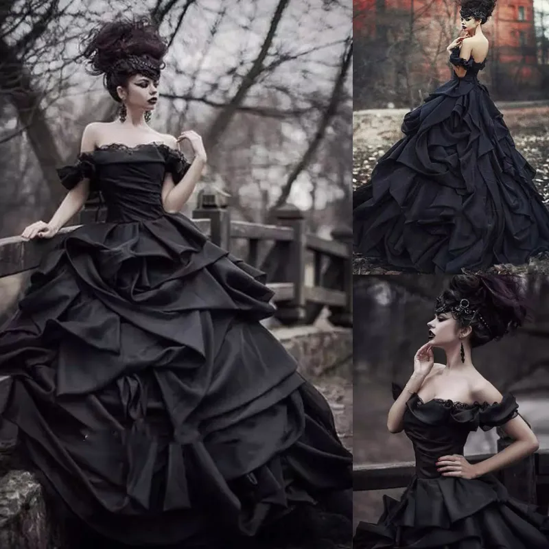 2022 Gothic Vampire Bride Dress: Vintage Black Off Shoulder Gothic