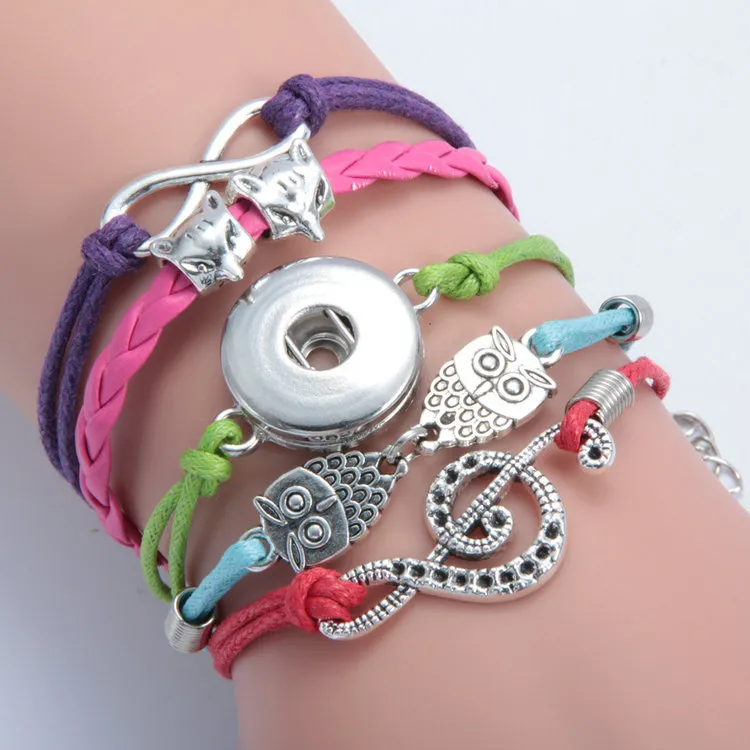 Multilayer Noosa Snap Jewelry Noosa Chunks Snap Bracelet Infinity 가죽 팔찌 여성용 여성용 패션 포장 올빼미 십자가 매력 손목 밴드