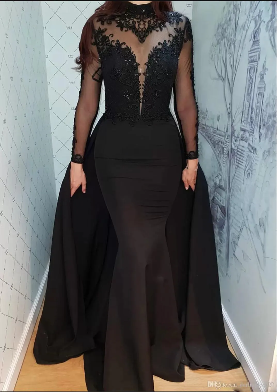 Robes de bal noires à col plongeant transparent avec Illusion manches longues robes de soirée à col haut avec jupe superposée détachable femme de chambre