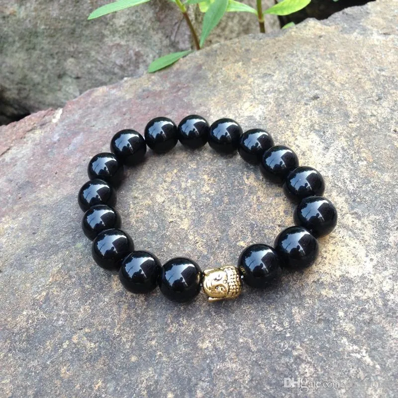 SN0366 Naturstein Mode 12mm Schwarz Perlen Stein Armband Männer Mala Yoga Buddha armband weihnachtsgeschenk schmuck 206r