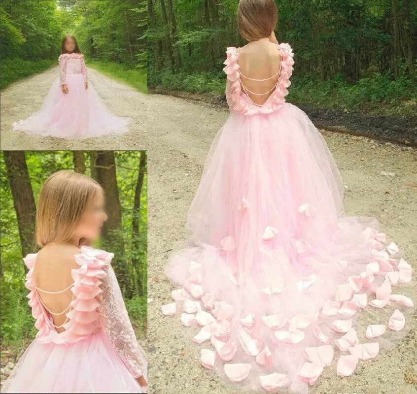 Güzel Allık Dantel Çiçek Kız Çocuklar için elbiseler Prenses Balo Ruffles Organze ilk komünyonu Tutu Elbise Yarışması Önlükler