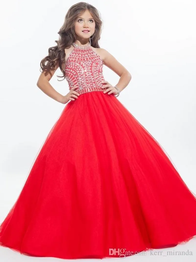 2020 Red Ball Gown Girls Pageant Dresses High Neck Halter Silvery Crystal Tulle Backless Toddler Little Girls Pageant Dresses For Juniors