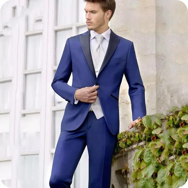 Royal Blue Groom Tuxedos Peak Revers Groomsmen Mens Trouwjurk Uitstekende Man Jacket Blazer 3 Stuk Suit (jas + Broek + Vest + Tie) 2218