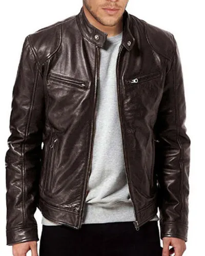 Men Genuine Lambskin Leather Jacket BLACK & BROWN 2019 New Fashion Man Winter Warm Slim Fit Zipper Biker Jacket Coat Streewear