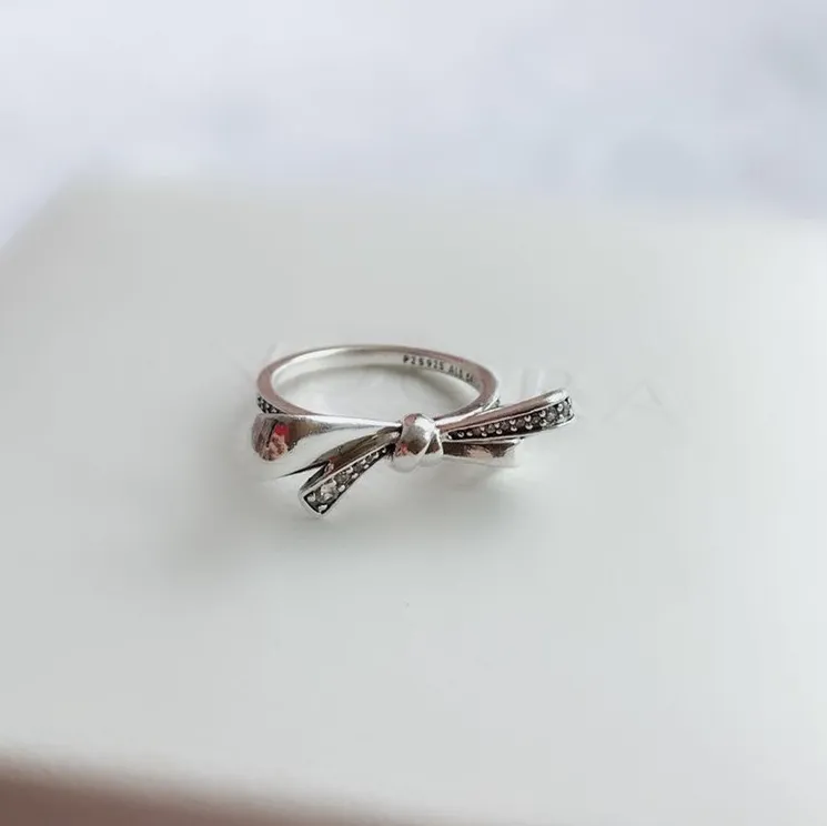 Wholesale- Vibrant Bow Ring for Pandora 925 Sterling Silver Inlay CZ Diamond High Quality Temperament Lady Ring with Original Box