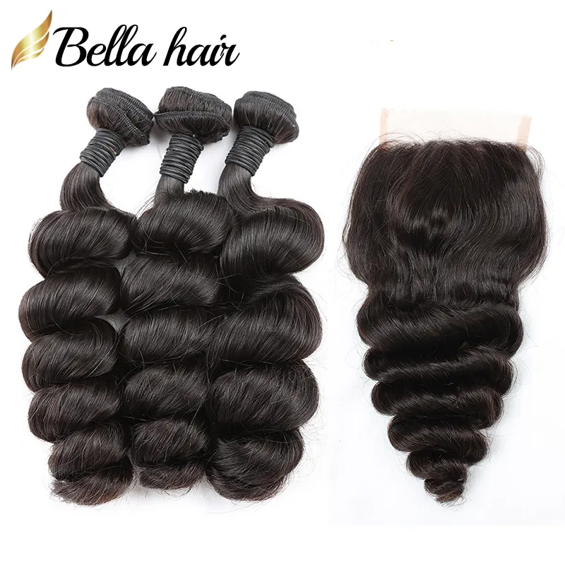 Bundles de cheveux lâches avec fermeture 4x4 malaisienne péruvienne indienne brésilienne extension de trame de cheveux vierges Top fermetures de dentelle partie libre Bellahair