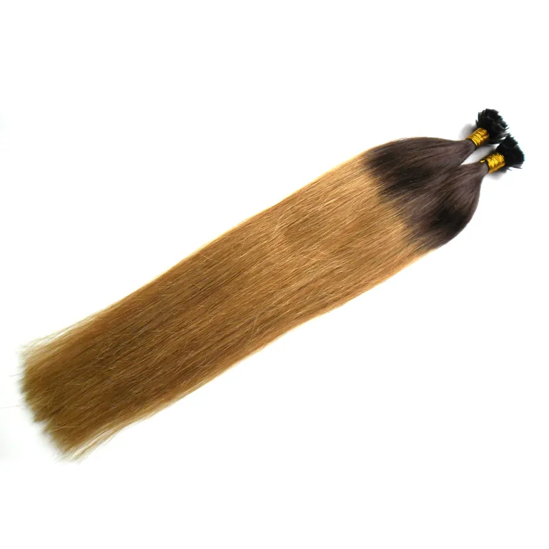 Två ton ombre pre bonded keratin nagel f tips mänskliga hårförlängningar t6 / 27 brun och blond ombre indiska rakt jungfru hår 100g