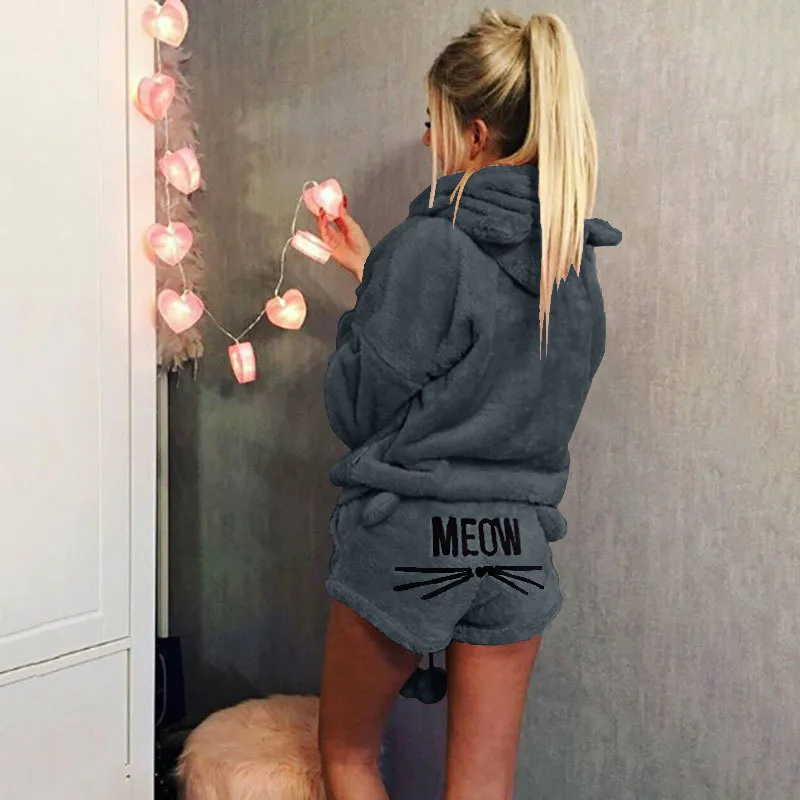 Women Winter Cute Meow Pajamas Pink Purple Sweet Hoodies And Shorts Fluffy Warm Suits From SG 32.95 DHgate