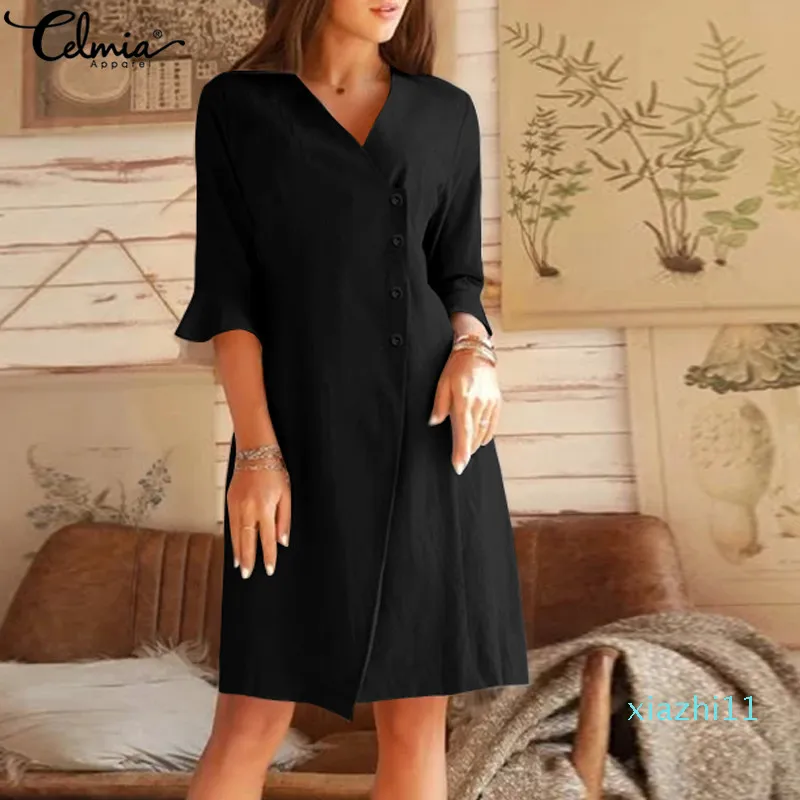 Fashion-2020 Celmia Women's Shirt Dress Sexy V neck Elegant Office Lady Sundress Casual Flare Sleeve Buttons Knee-length Split Vestidos