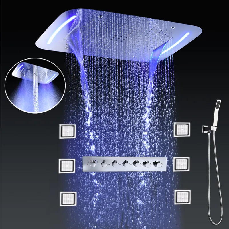 Luxury Thermostatic Shower Faucets Bathroom LED Ceiling Shower panel Multi Functions Rainfall showerhead set With Massage Body Jets