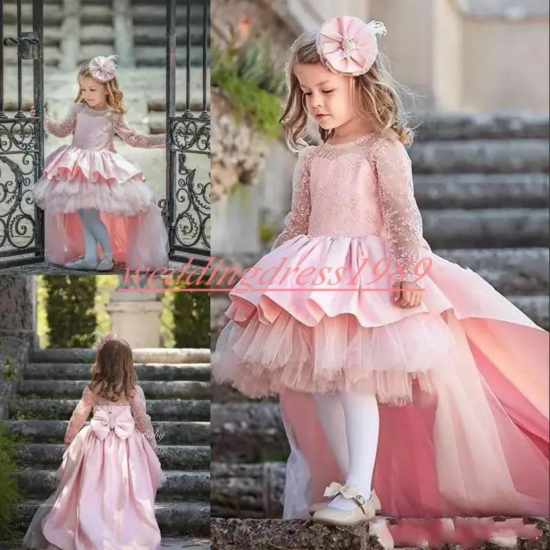 Prenses Dantel Yüksek Düşük Kızlar Pageant Elbise Uzun Kollu Kız Doğum Günü törenlerinde Çocuklar Örgün Parti Giyim Çiçek Kız Elbiseler İlk cemaat Elbise