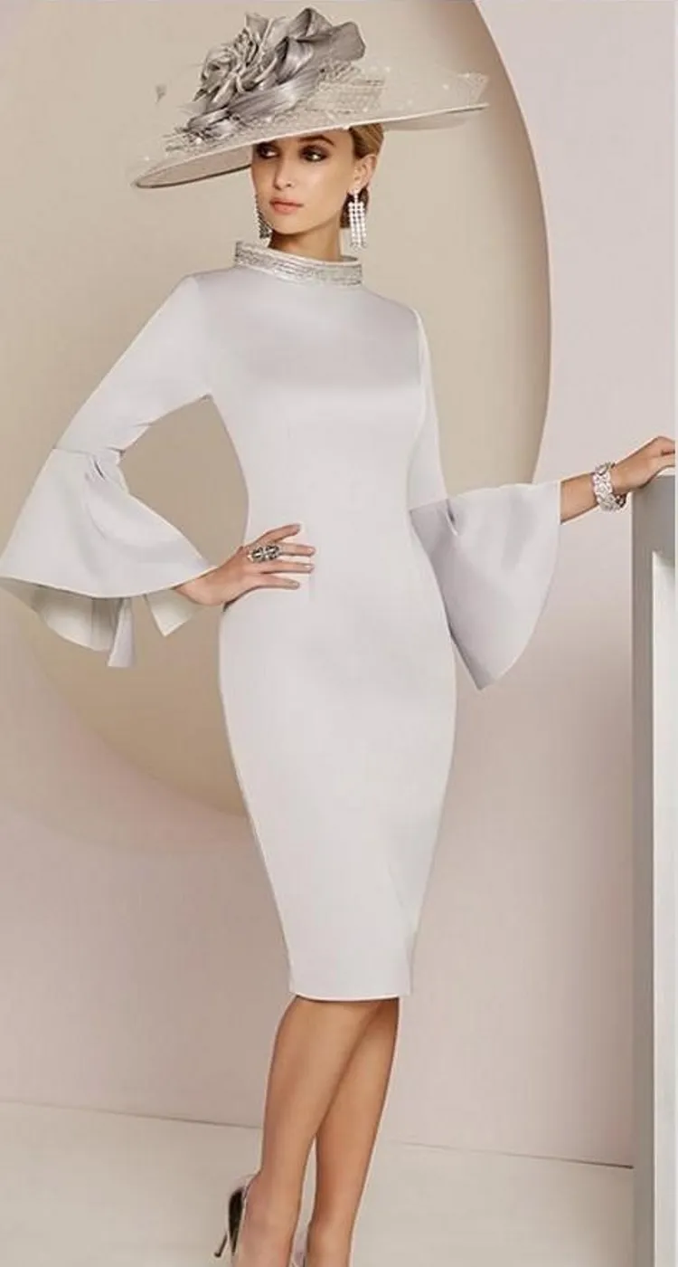 high neck formal wedding guest dress High-Neck Long Sleeves Fitted Wedding Guest Dress Beaded Pleated Floor –  Laxag main image 1