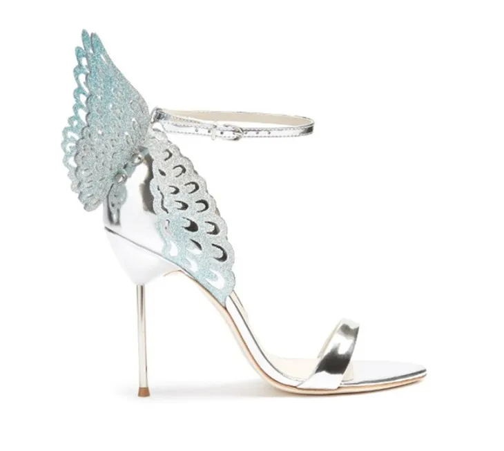 2019 سيدات براءات الاختراع الجلود عالية الكعب الكعب الصنادل روز الحلي الفراشة الصلبة Sophia Webster Diamond Shoes Sky Blue Wing Size 34-42