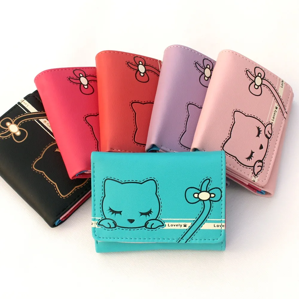 Kvinnor gullig katt plånbok mynt handväska trifold plånbok koppling väska PU läder kreditkort hållare små plånböcker kampanj !!!