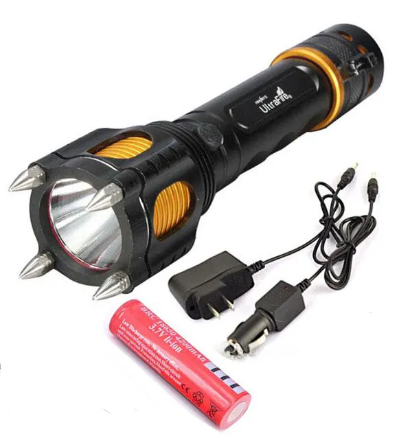 Zoom Tactical Flashlight XM-L T6 LED Torch Licht Zelfverdediging Tool met Hammer Hoorbare alarm + Autolader + AC-oplader + Batterij