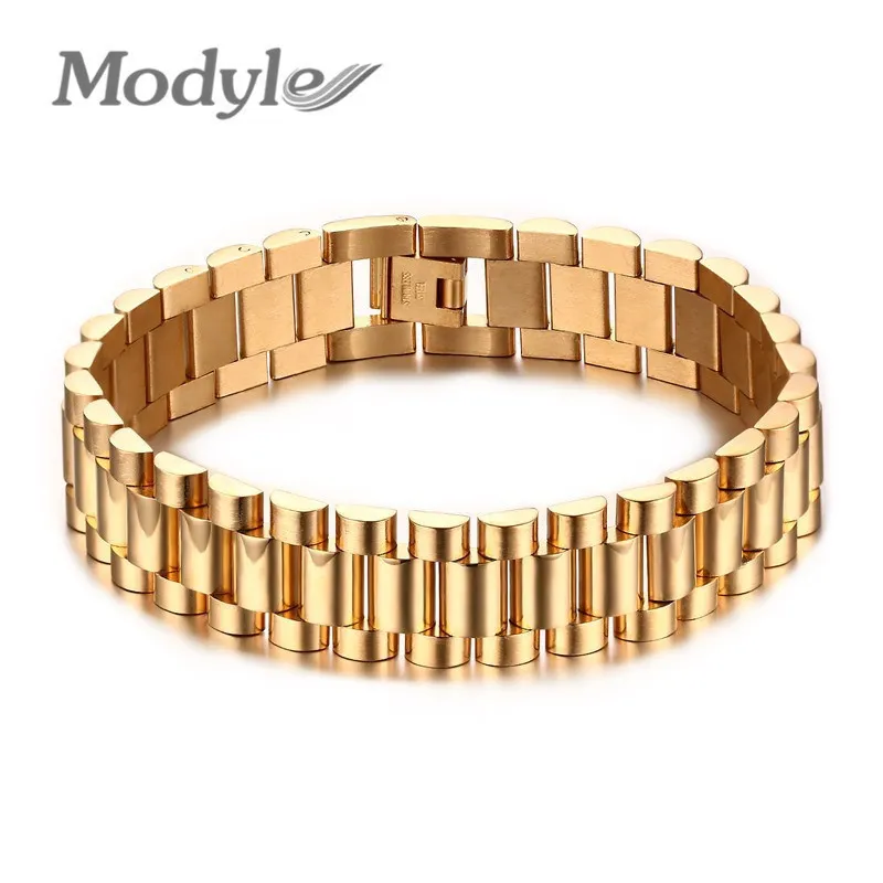 Modyle Männer Armband Gold-farbe 22 cm Chunky Kette Armbänder Armreifen Edelstahl Männlichen Schmuck Geschenk C19041703