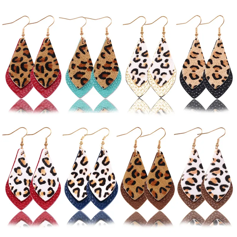 Atacado New Arrival Camadas Impressão Leopard brincos Outono Inverno Duplo Folha de couro real Dangle Brincos para as mulheres encanto presente