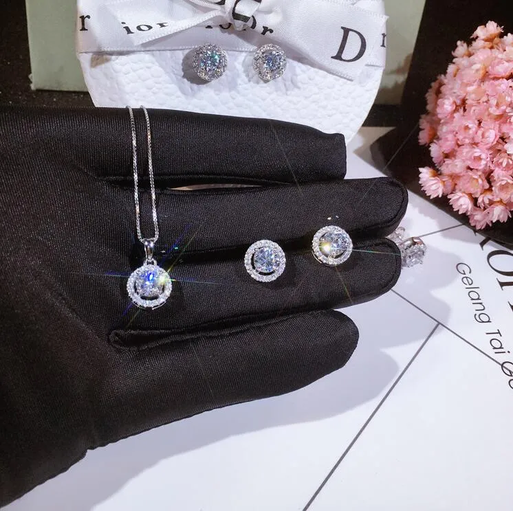 Luxury Jewelry Set New Arrival Handmade 925 Sterling Silver Round Cut White Topaz CZ Diamond Gemstones Women Necklace Stud Earring Pendant