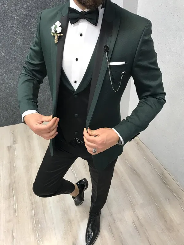 Abiti da uomo slim fit verde scuro Abiti da sposa con risvolto con risvolto Abiti da sposa per uomo Smoking da sposo Tre pezzi Blazer Giacca + Pantaloni + Gilet