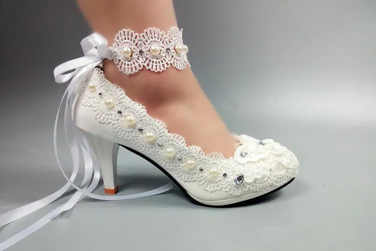 Womens Wedding Shoes White Lace Up Bride Shoes For Woman High Heels Anckle Strap High Heel