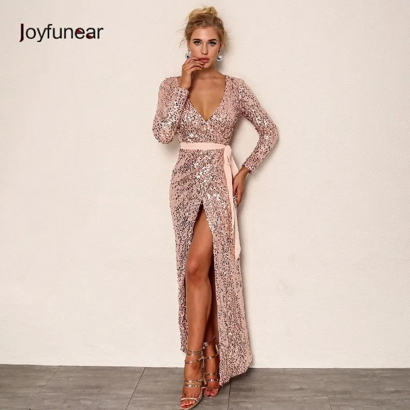 Joyfunear Sexy Club Wear Party Womens Pink Gold Knot Deep V Neck Twist Front High Slit Långärmad Sequin Maxi Dress J190530