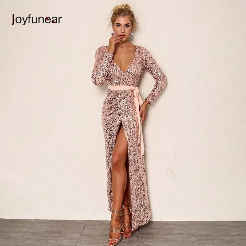 Joyfunear Sexy Club Wear Party Damen Rosa Gold Knoten Tiefer V-Ausschnitt Twist Front Hoher Schlitz Langarm Pailletten Maxikleid J190530