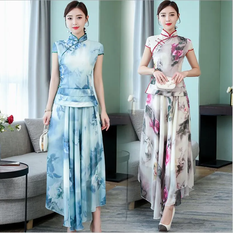 Costumes chinois originaux améliorés Jaket + jupe affichage long cheongsam Costume slim rétro fée ensemble de vêtements gracieux qipao manches courtes