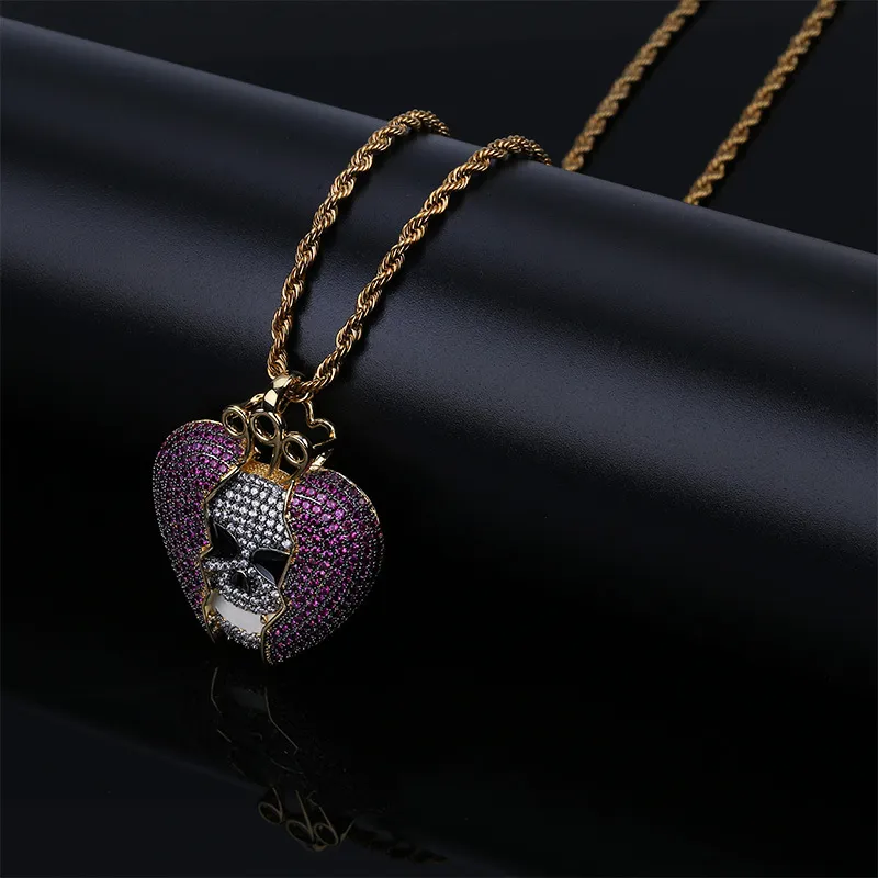 18K Gold Plated Hip Hop Personalized Skeleton Broken Heart Pendant Chain Necklace Copper Iced Out Purple CZ Cubic Zircon for Men a307V