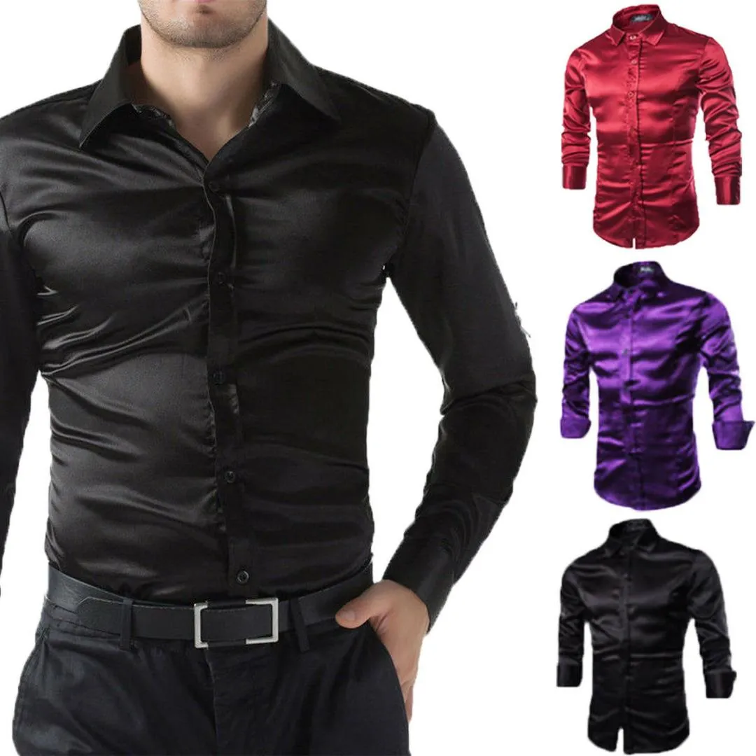 Heren nieuwe stijl mode hot zijden jurk slim fit shirts effen lange mouw casual formele knop zijde shirts