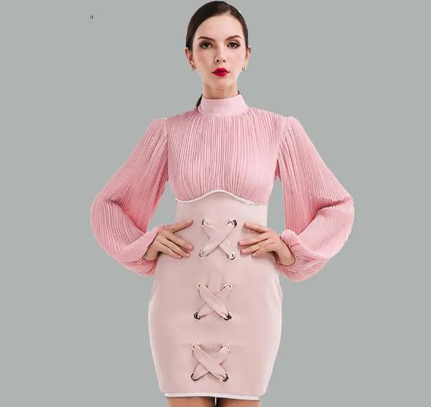 Sexig långärmad vik Höghalsad Eyelet Dress Pink Lace Up Bodycon Dress for Party Wedding Dress