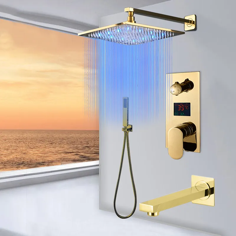 Golden Polished Digitail Display Bath Shower Kaucet Regn Led 3 Vägs badrumskran Triple Way LCD Mixer Valve2502