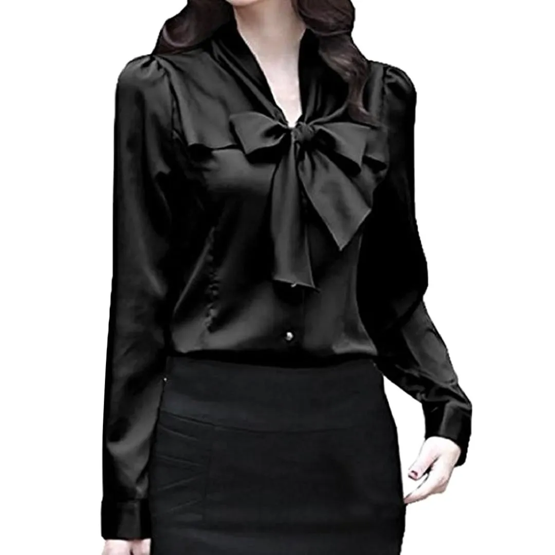 2018 new Satin Shirt Women Long sleeve bow collar silk Solid Blouses women work wear uniform office lady shirt simple body tops