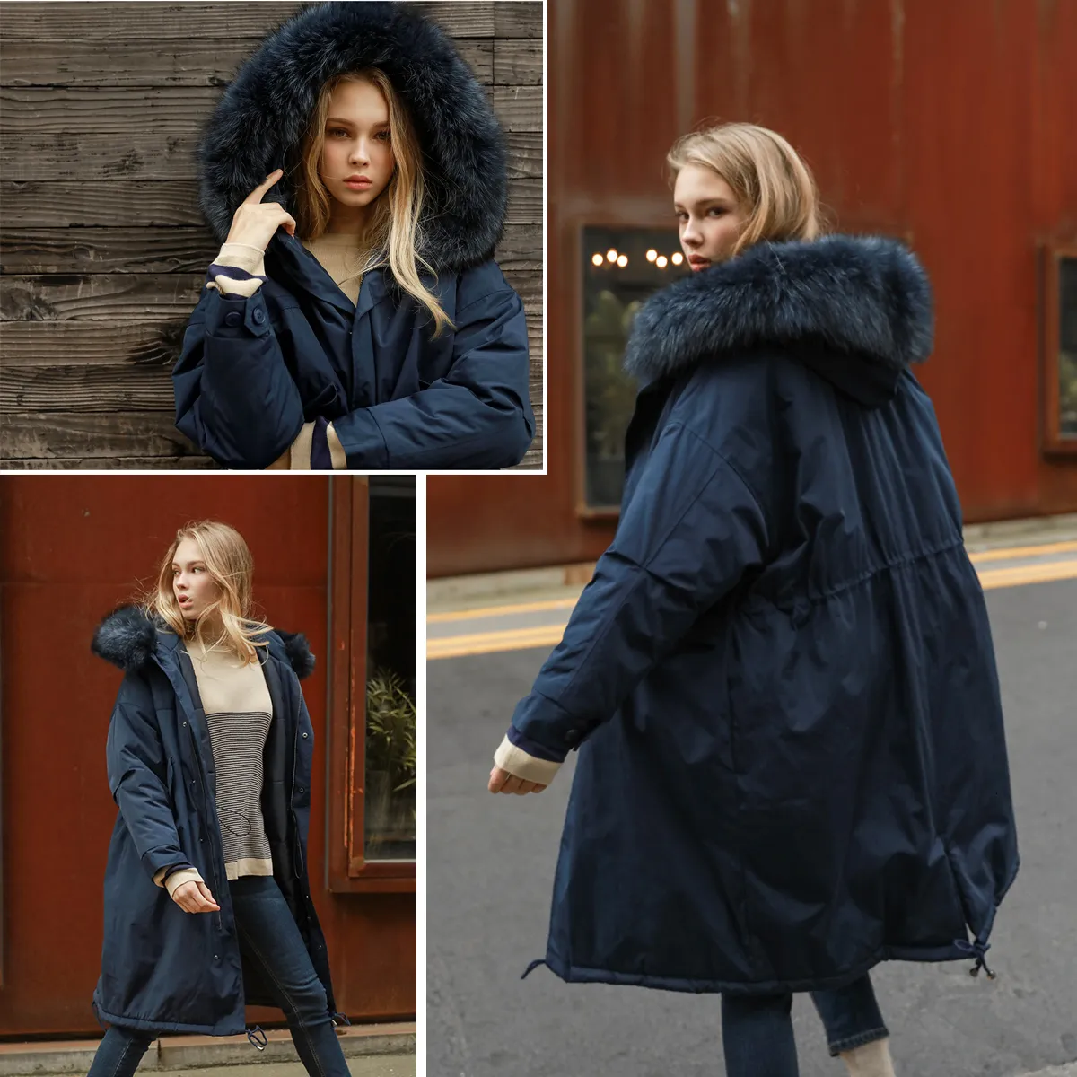 JAZZEVAR 2019 Nouvel hiver Femmes 90 duvet de canard blanc surdimensionne long vers le bas manteau grande vraie fourrure de raton laveur Parka a