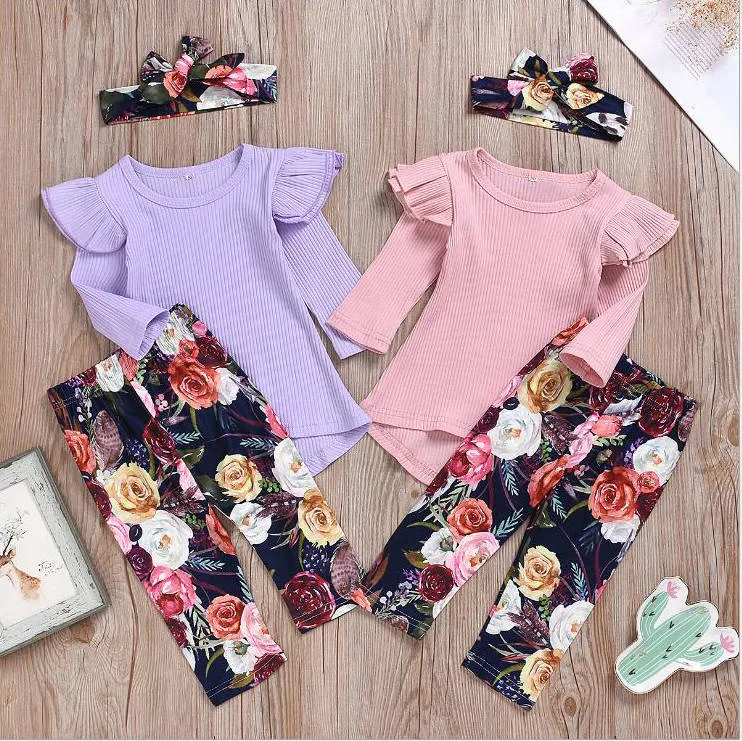 O bebê veste menina miúdos Floral Vestuário Flores Define Ruffle malha Tops Calças com alça Outfits Sólidos T-shirt Pantsuit Hairband Suits DYP6992