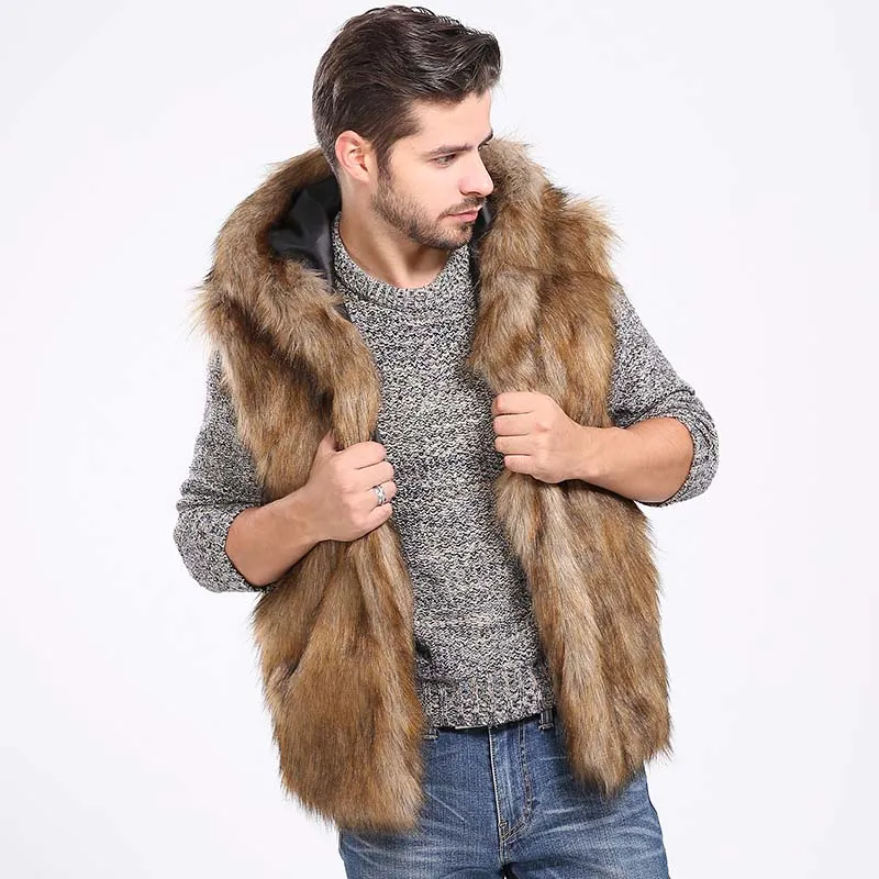 Winter Thicken Warm Men Hairy Faux Fur Vest Hoodie Hooded Waistcoats Sleeveless Pockets Coat Outerwear Jackets Plus 3X 6Q2041