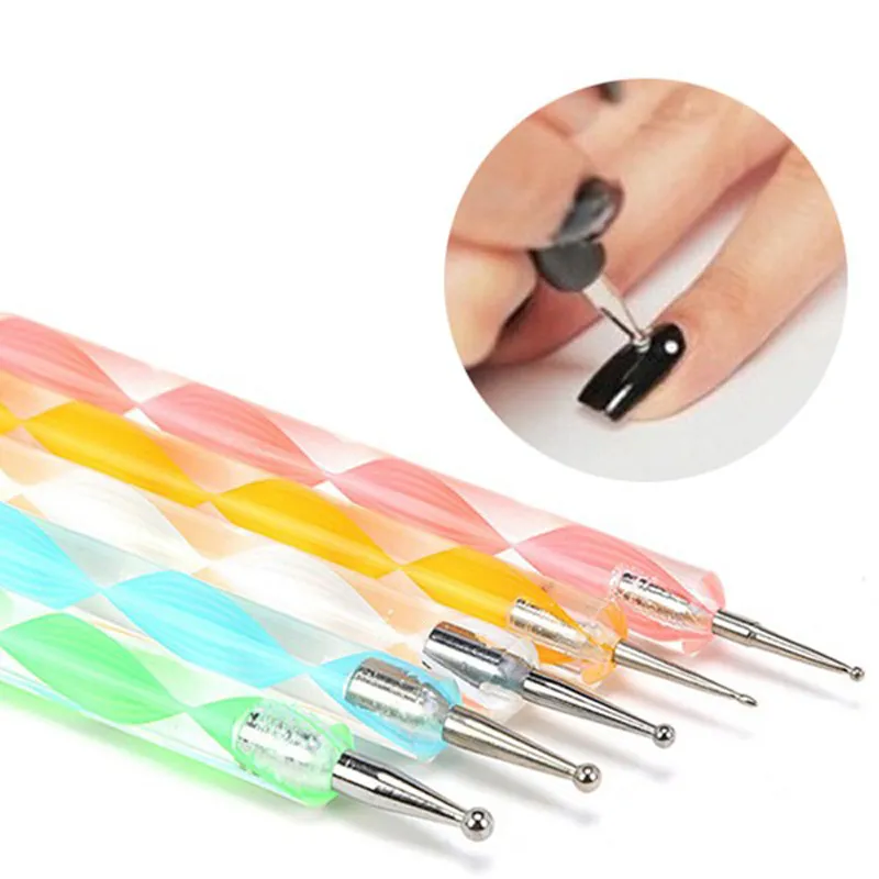 5pcs/set 2 Way Marbleizing Dotting Manicure Tools Painting Pen Nail Art Paint Random Colors