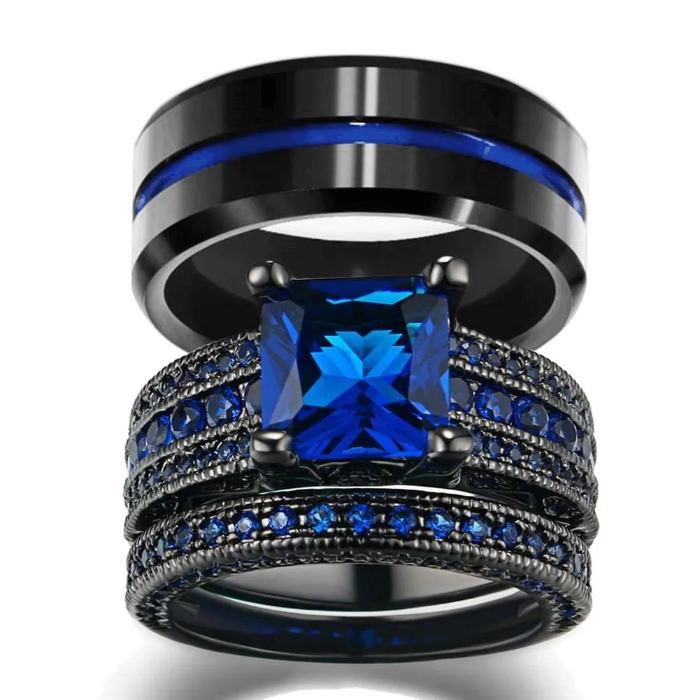 Paar Schmuck - Männer 8 mm Breite Blue Line-Streifen-Hartmetall-Ring Frauen-14K Schwarz Gold füllte natürliche Saphir-Wedding Band Ring