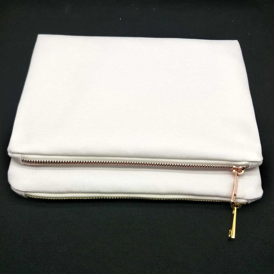 30 pçs / lote 7x10in em branco 12 oz de espessura 100% poli saco de maquiagem da lona com subiu de metal zip ouro para sublimação impressão imprensa do calor em branco saco cosmético