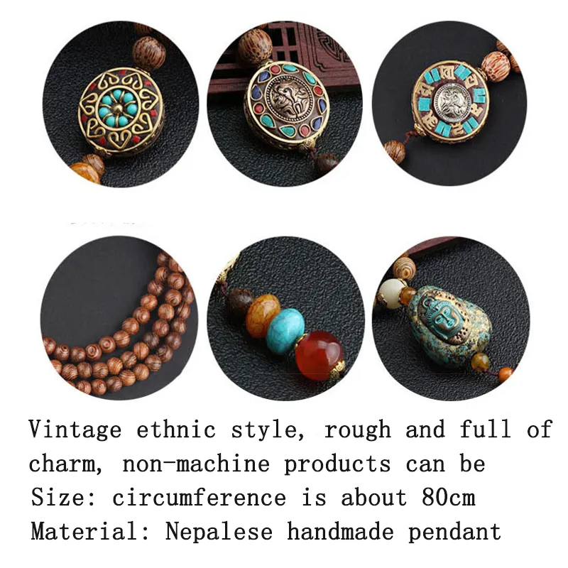 SEDmart Retro Ethnic Wood Lotus Buddha Statue Pendant Necklaces for Women Nepalese Mantra Wooden/Glass Beads Sweater Chain Gifts