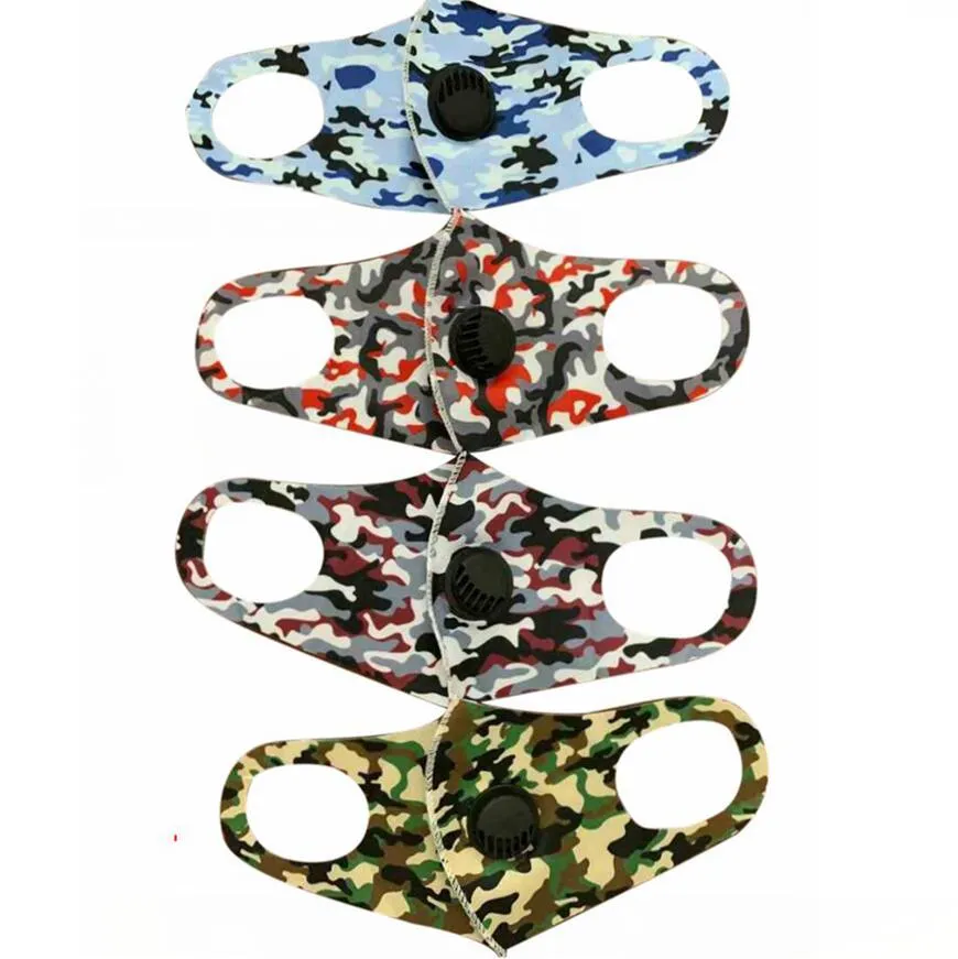 Ice Silk Camo Ventilmaske 5 Farben Camouflage Anti Staub Waschbar Wiederverwendbare Mundabdeckung Erwachsene Entlüftungsventil Gesichtsmasken OOA8174