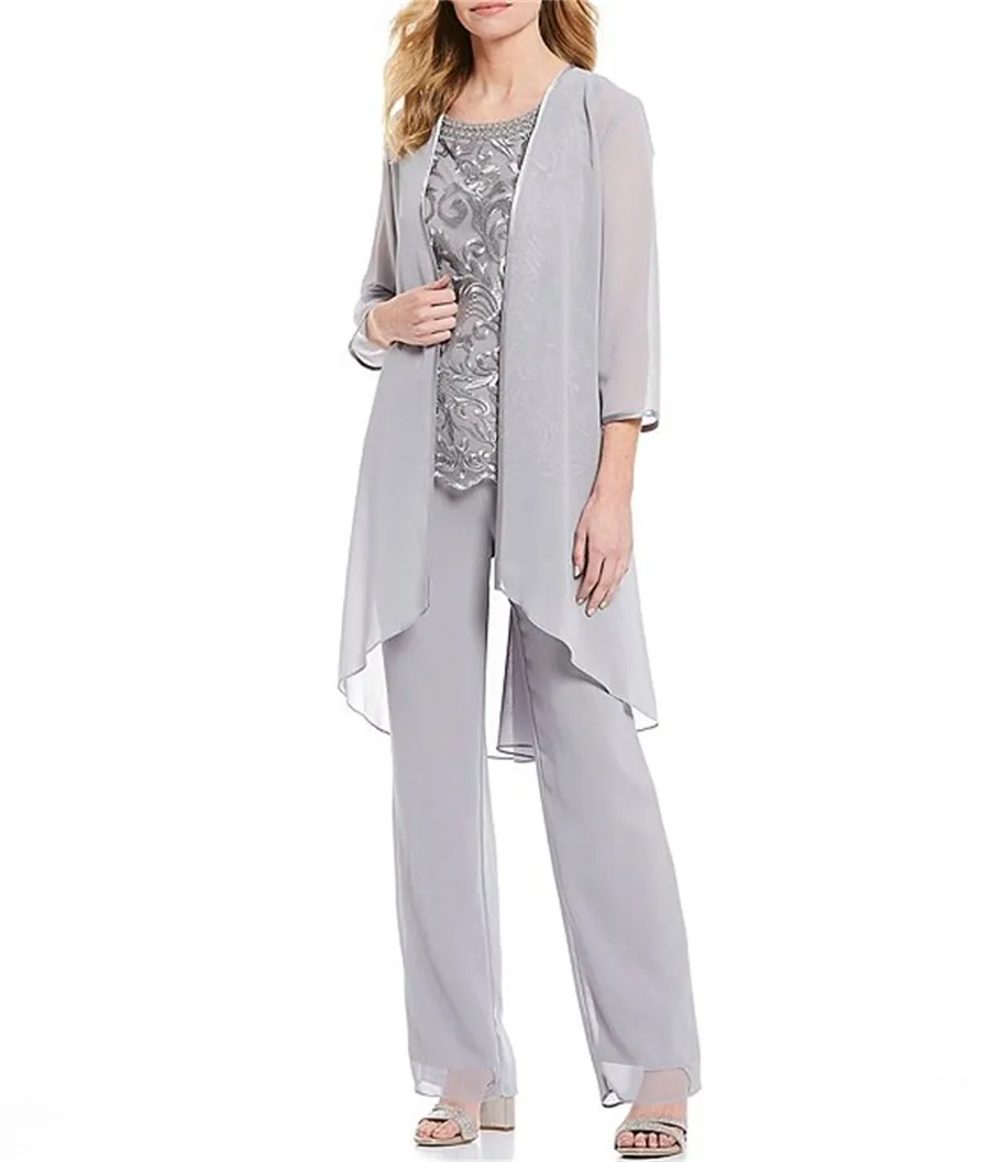 Ursula Silver Mother Of The Mother Of Bride Pantsuits With Beading